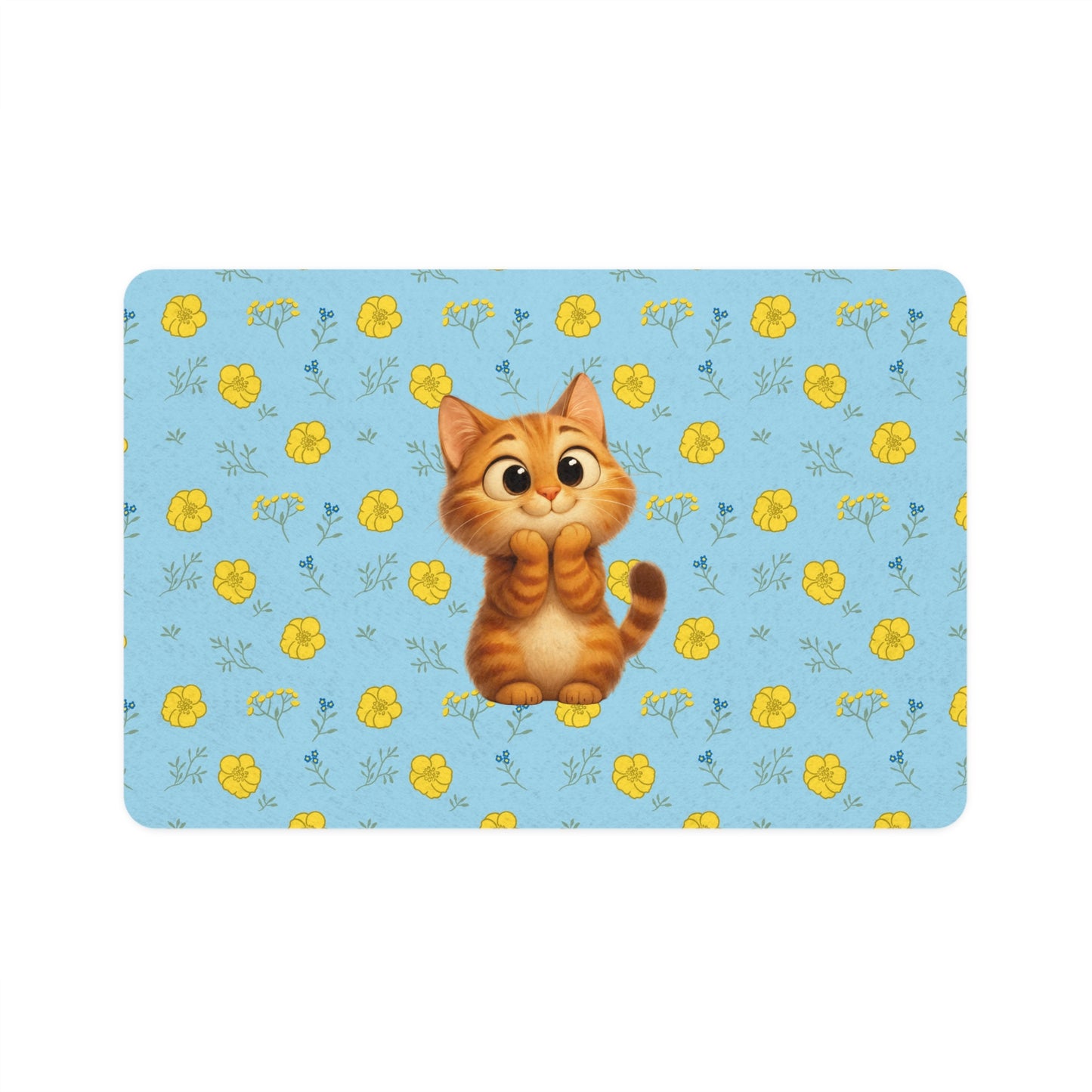 Cute Orange Kitten Pet Food Mat (12x18) — Non-Slip Cat Feeding Placemat with Floral Blue Background