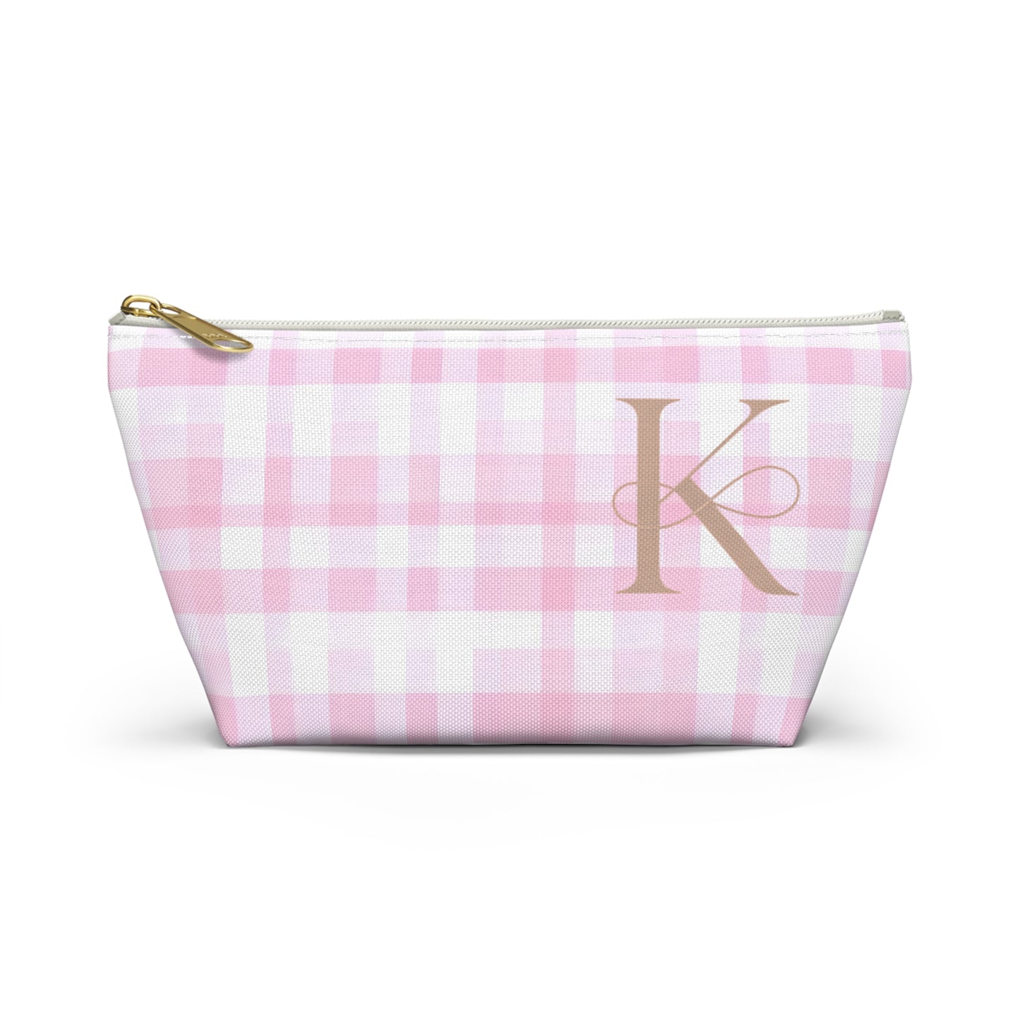 Personalized Pink Gingham Accessory Pouch, Makeup Bag - Letter K