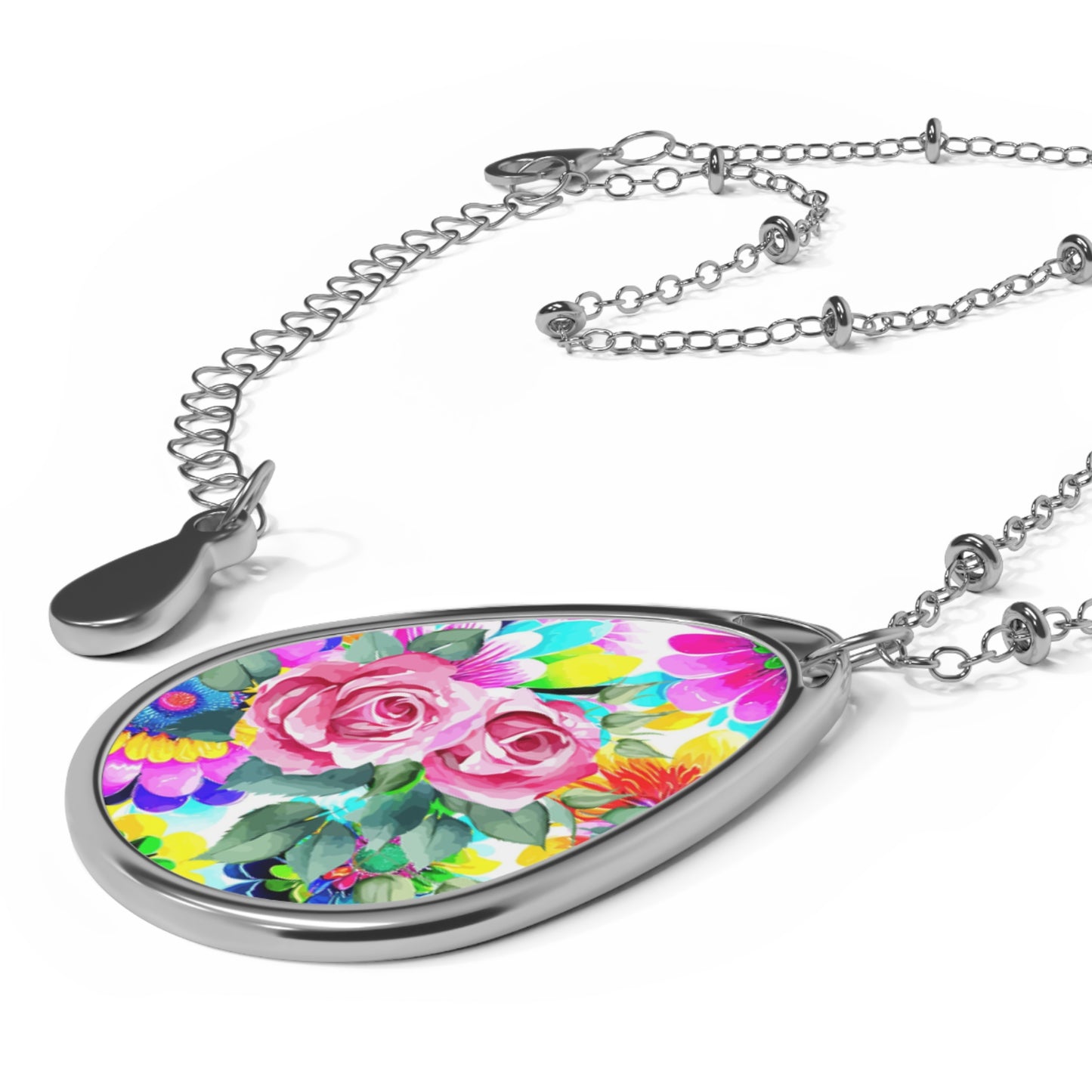 Colorful Floral Oval Necklace, Boho Jewelry, Gift for Her, Summer Accessory, Handmade Necklace, Birthday Gift