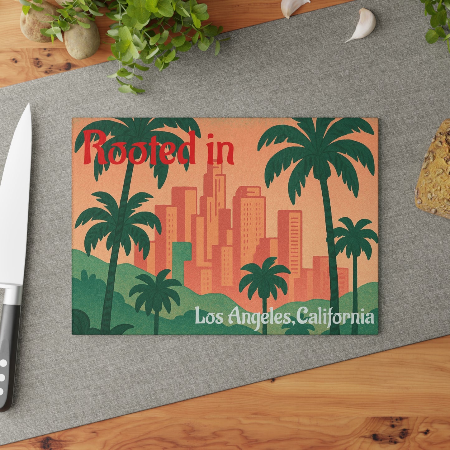 Los Angeles Themed Glass Cutting Board, Home Decor, Kitchen Gift, Housewarming Present, Tropical Kitchenware, Palm Tree Design