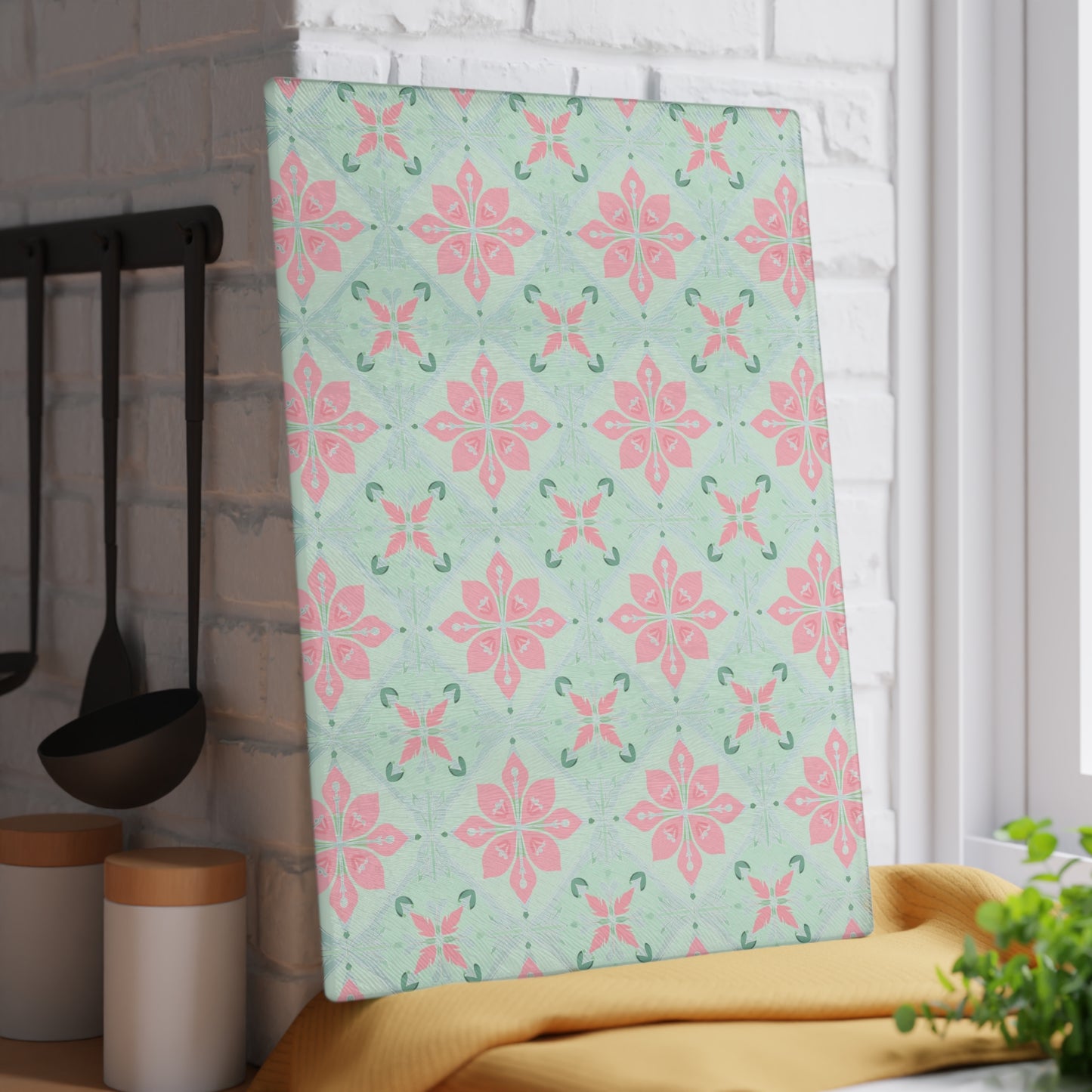 Glass Cutting Board – Pastel Pink & Mint Tile Pattern Kitchen Board