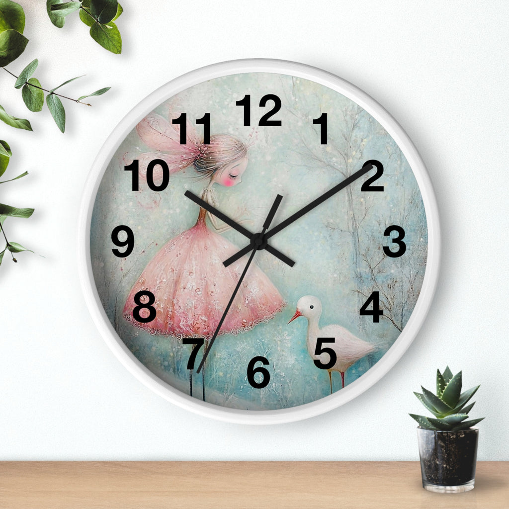 Whimsical Girl & Swan Wall Clock — Pastel Nursery Decor
