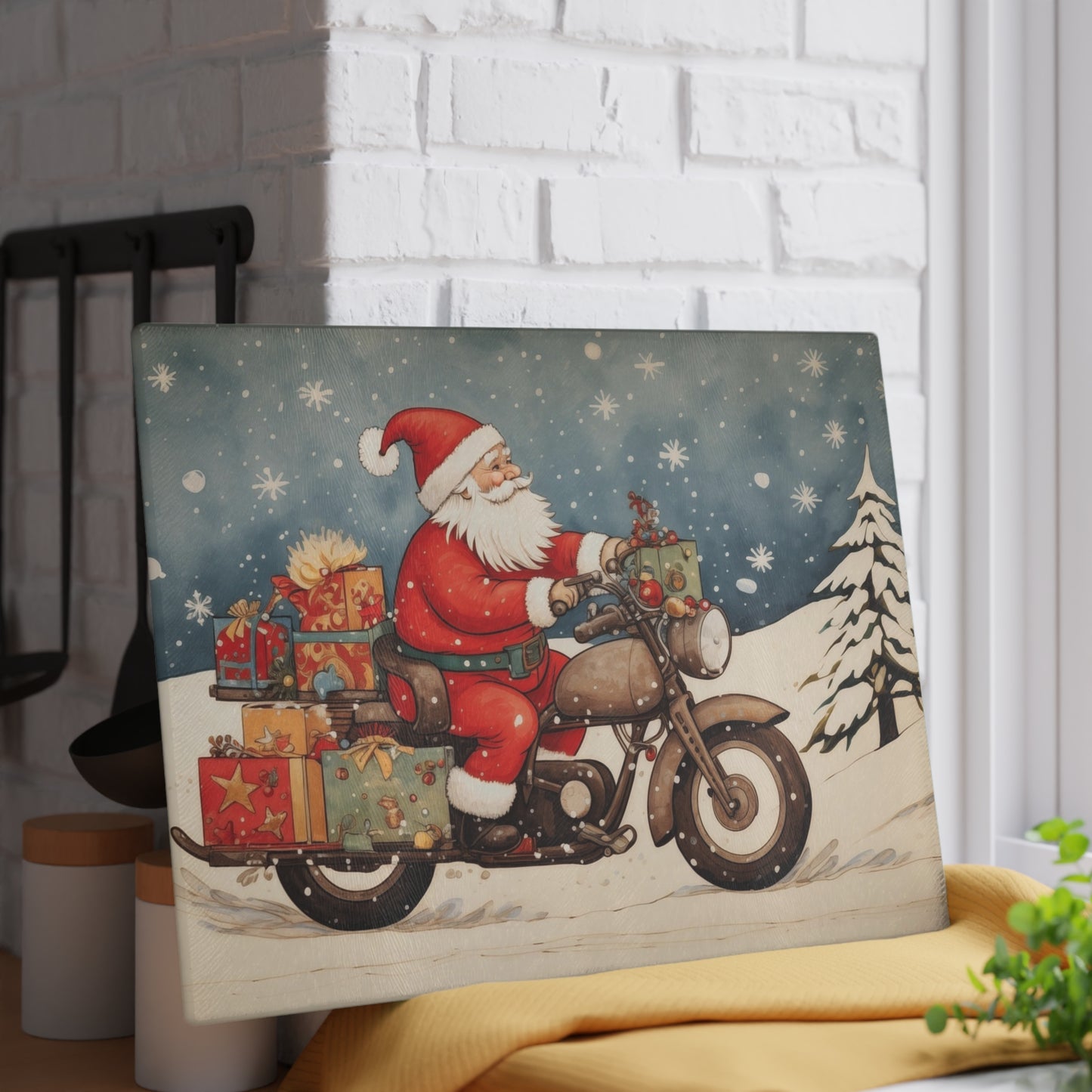 Festive Santa Motorcycle Glass Cutting Board, Holiday Kitchen Decor, Christmas Gift, Unique Cookware, Santa Gift Idea