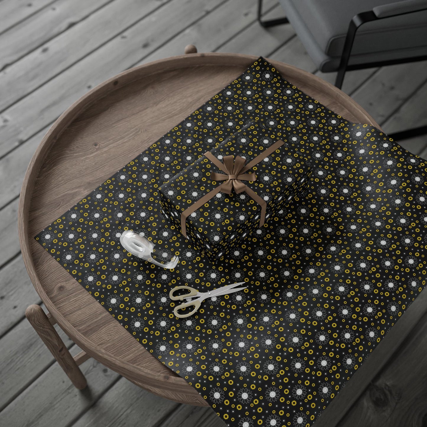 Sunflower Doodles Wrapping Paper Roll — Black & Yellow Floral Gift Wrap