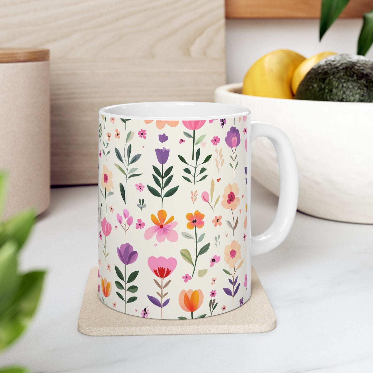 Floral Pattern Ceramic Mug — Pink Spring Flowers 11oz & 15oz