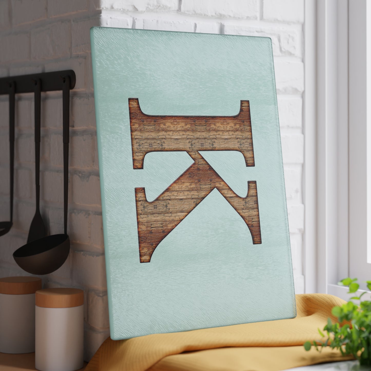Monogram 'K' Glass Cutting Board — Rustic Wood Letter on Mint Background