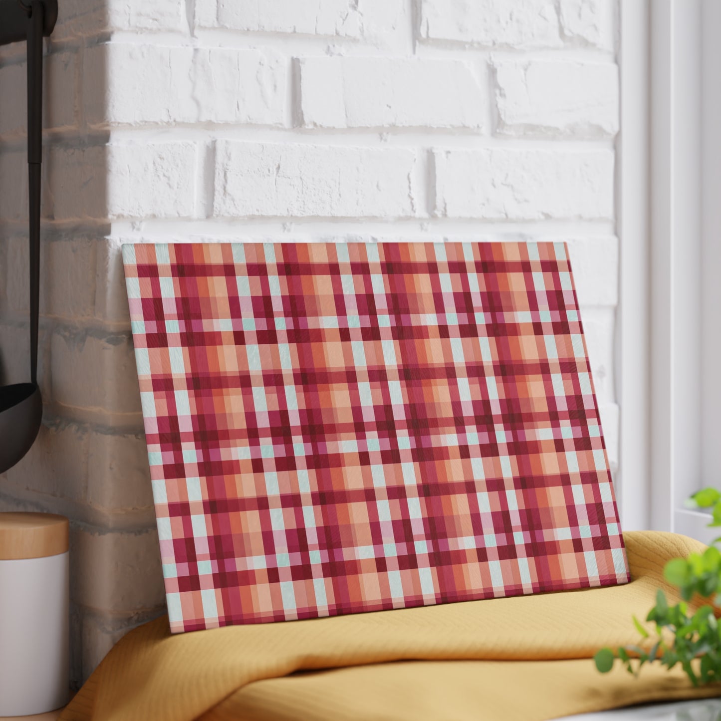 Plaid Glass Cutting Board – Warm Red & Peach Patterned Kitchen Board