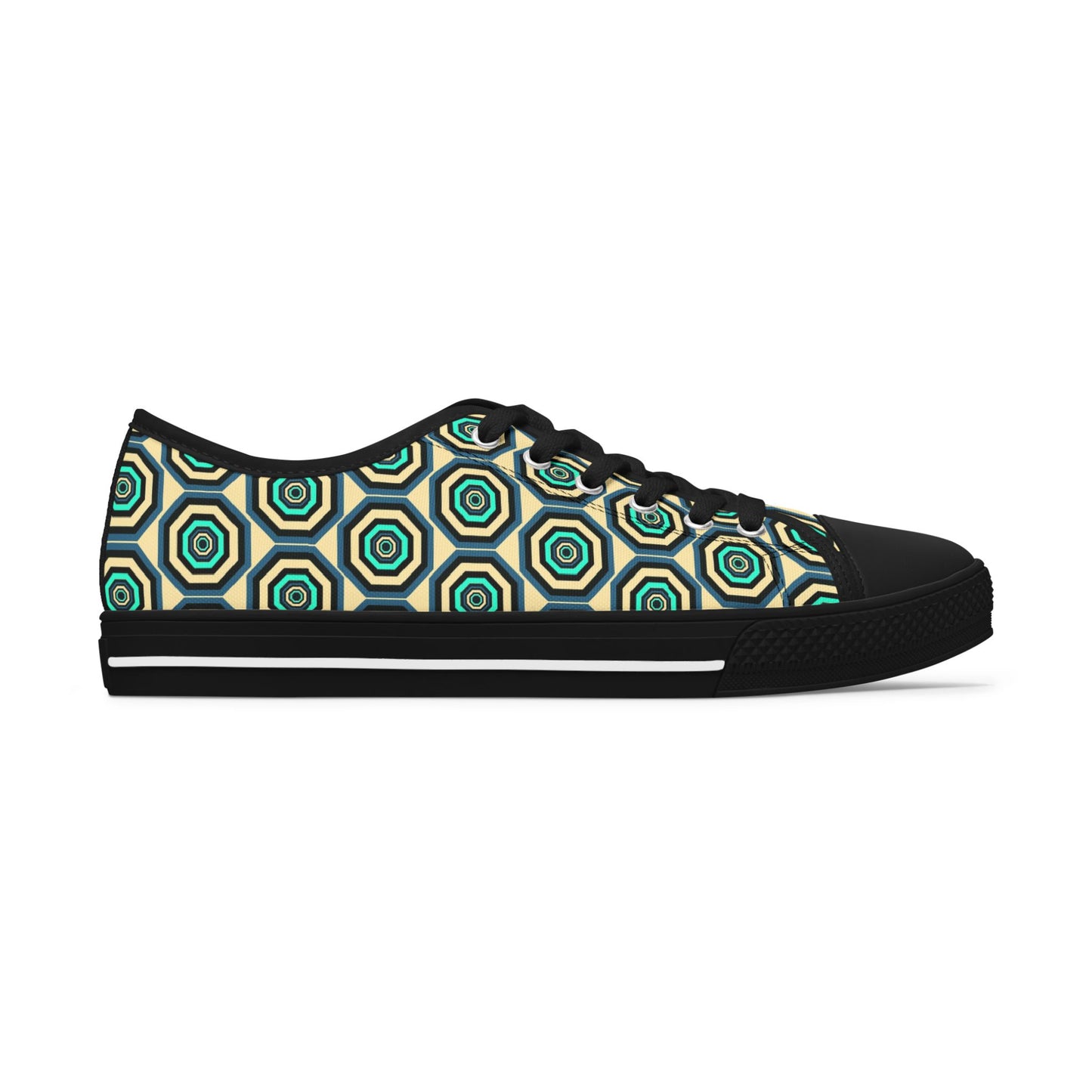 Geometric Retro Hexagon Women's Low Top Sneakers — Green Teal Patterned Canvas Shoes