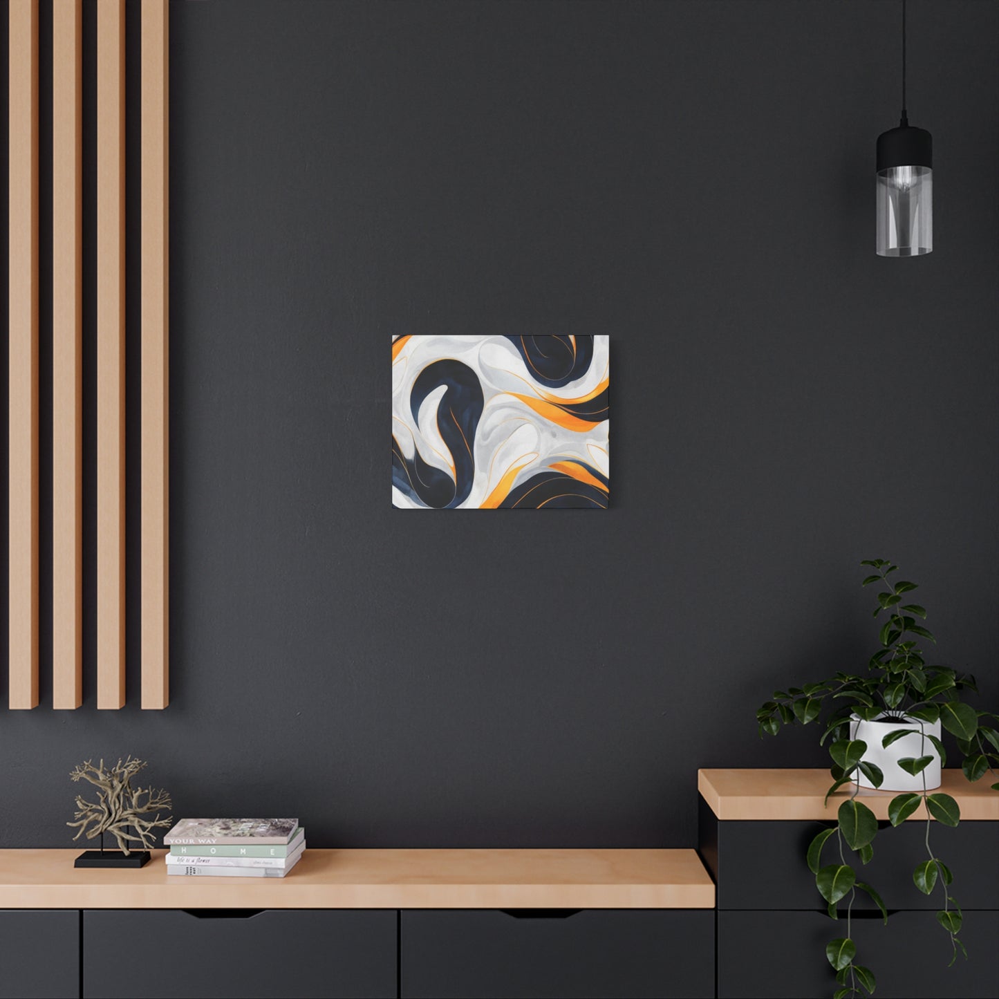 Abstract Fluid Art Matte Canvas Print — Navy, Gold & White Stretched Wall Art