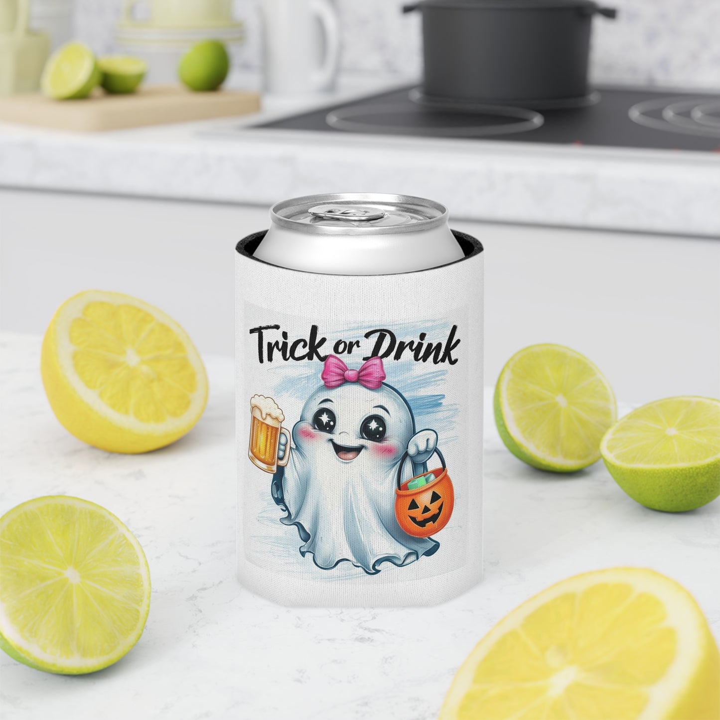 Cute Ghost Can Cooler, Halloween Drink Holder, Trick or Treat Beverage Insulator, Funny Party Favor, Unique Gift Idea