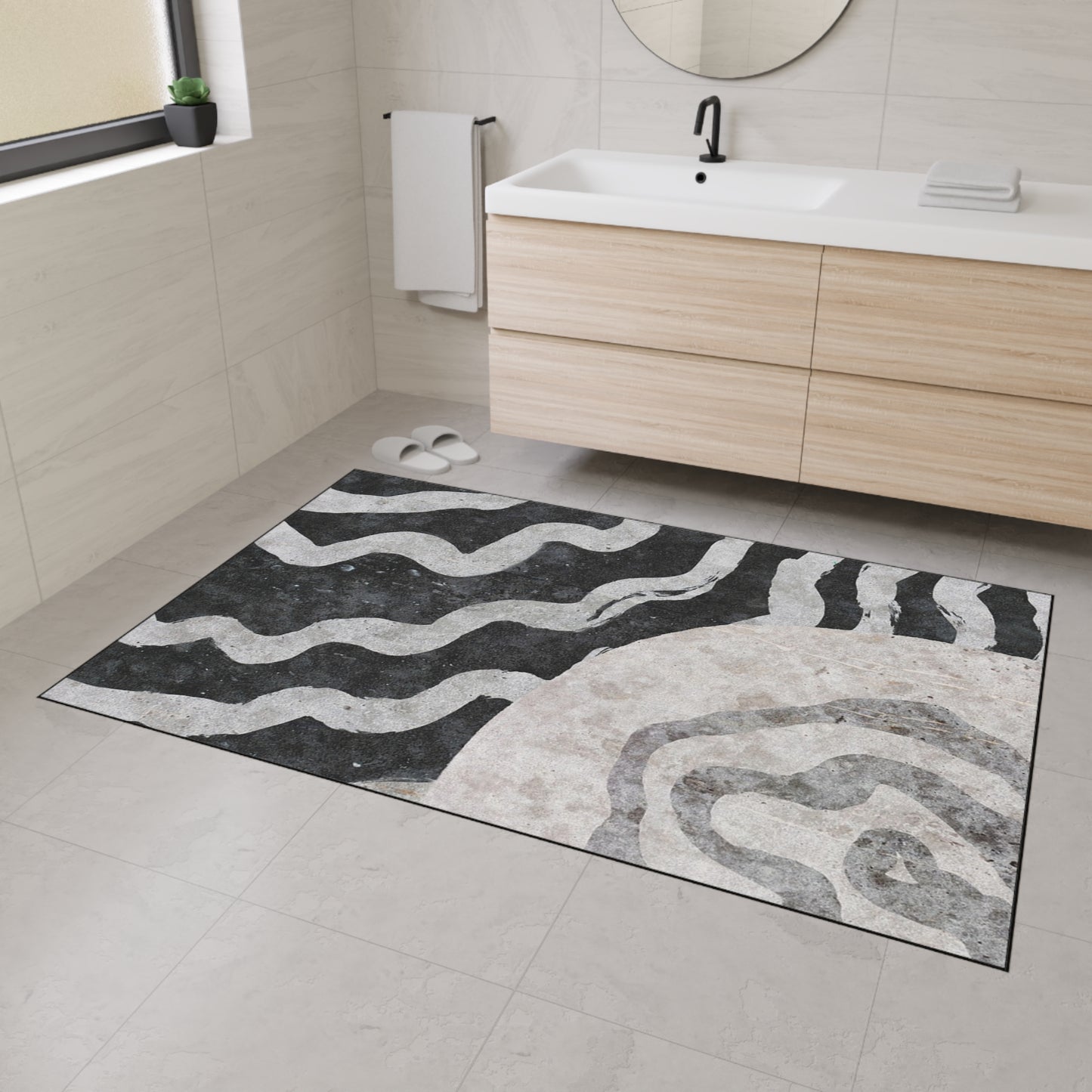 Abstract Black & Gray Heavy Duty Floor Mat — Modern Wave Rug for Entryway, Kitchen, or Office
