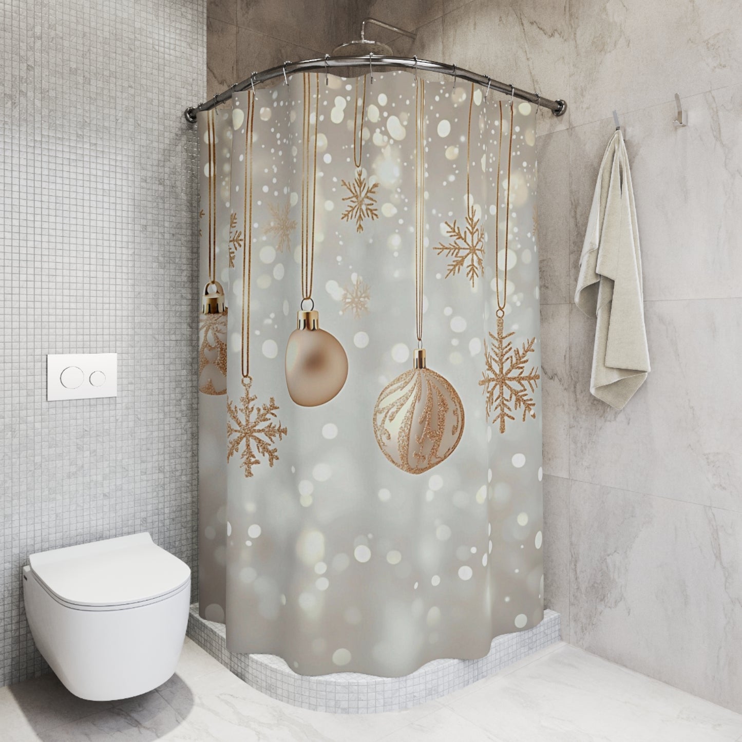 Gold Christmas Ornaments Shower Curtain — Holiday Snowflake Bathroom Decor