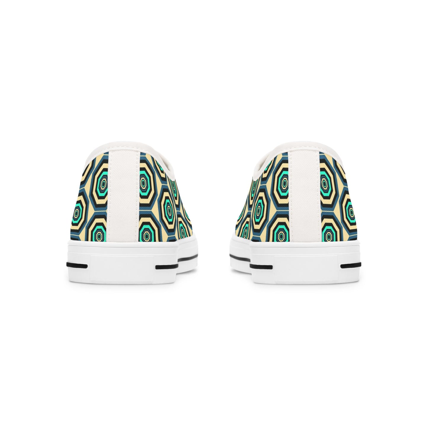 Geometric Retro Hexagon Women's Low Top Sneakers — Green Teal Patterned Canvas Shoes