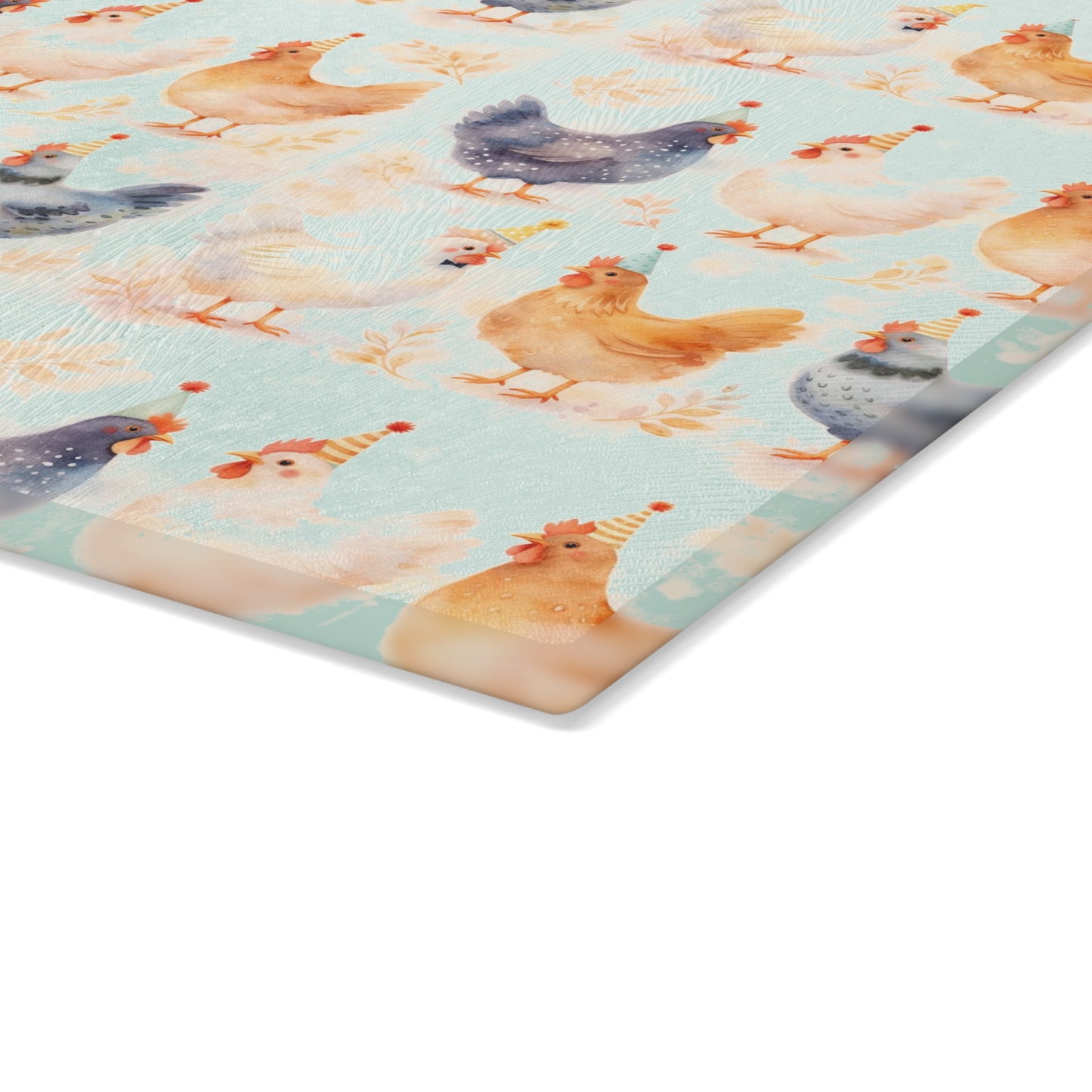 Chicken Pattern Glass Cutting Board — Watercolor Farmhouse Kitchen Decor