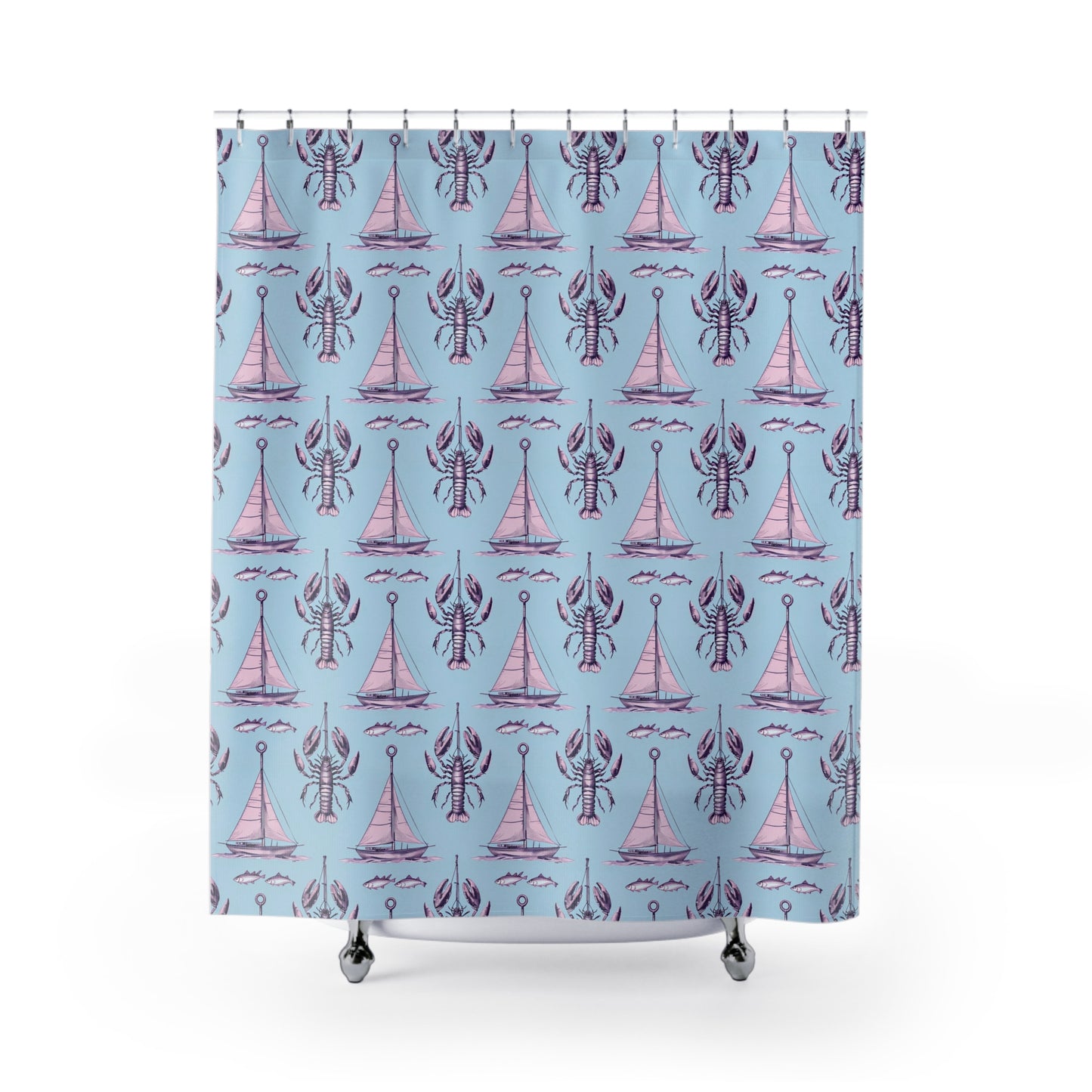 Nautical Lobster & Sailboat Shower Curtain — Pastel Blue Coastal Bathroom Decor