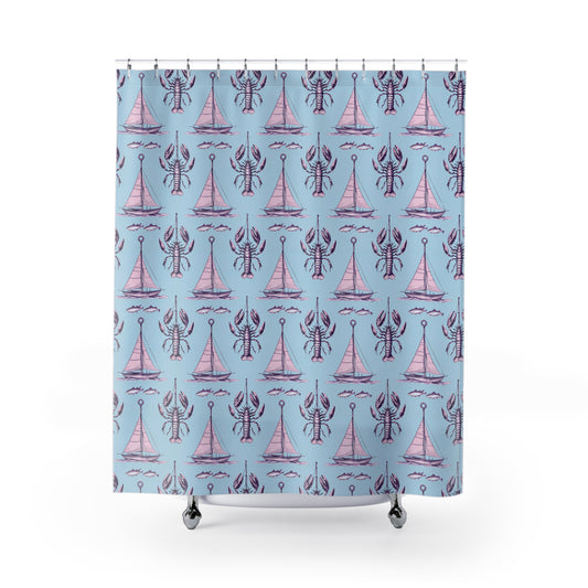 Nautical Lobster & Sailboat Shower Curtain — Pastel Blue Coastal Bathroom Decor