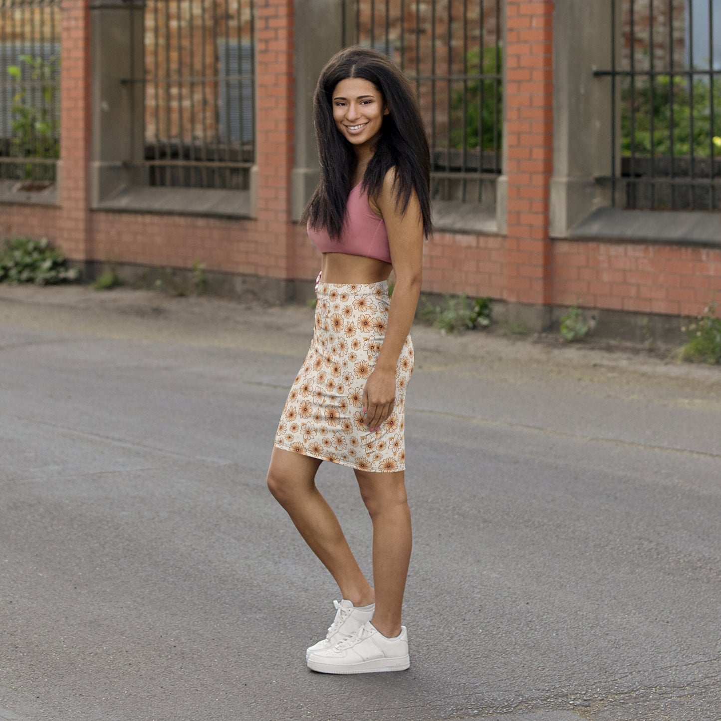 Beige Daisy Floral Pencil Skirt — Mid-Waist Spring/Summer Floral Print