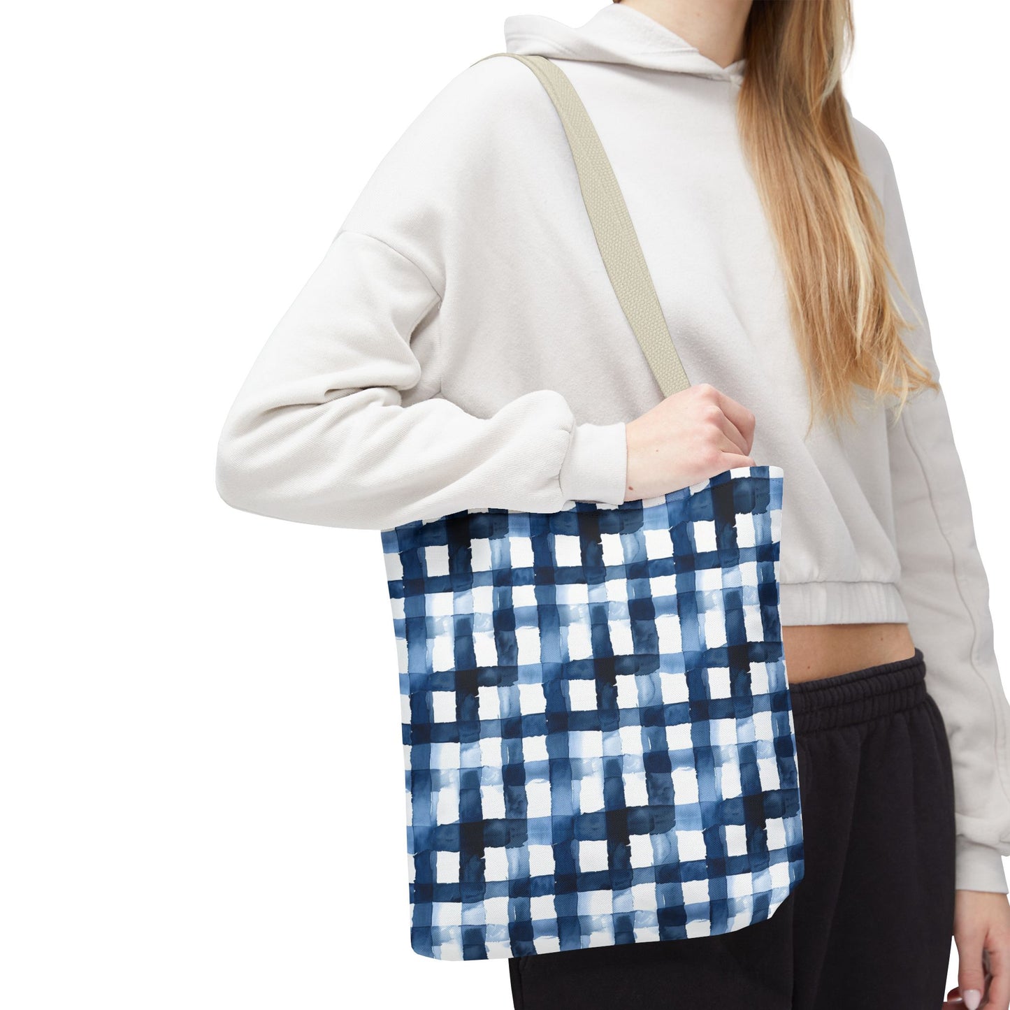 Blue Watercolor Plaid Tote Bag — Navy Check Pattern All-Over Print