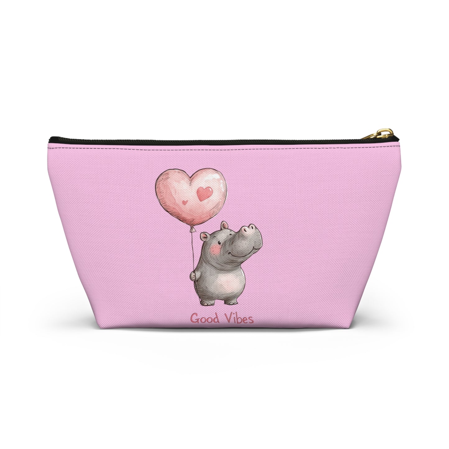 Cute Hippo Good Vibes Accessory Pouch, Makeup Bag, Travel Organizer, Gift for Animal Lovers, Cute Pink Storage Bag