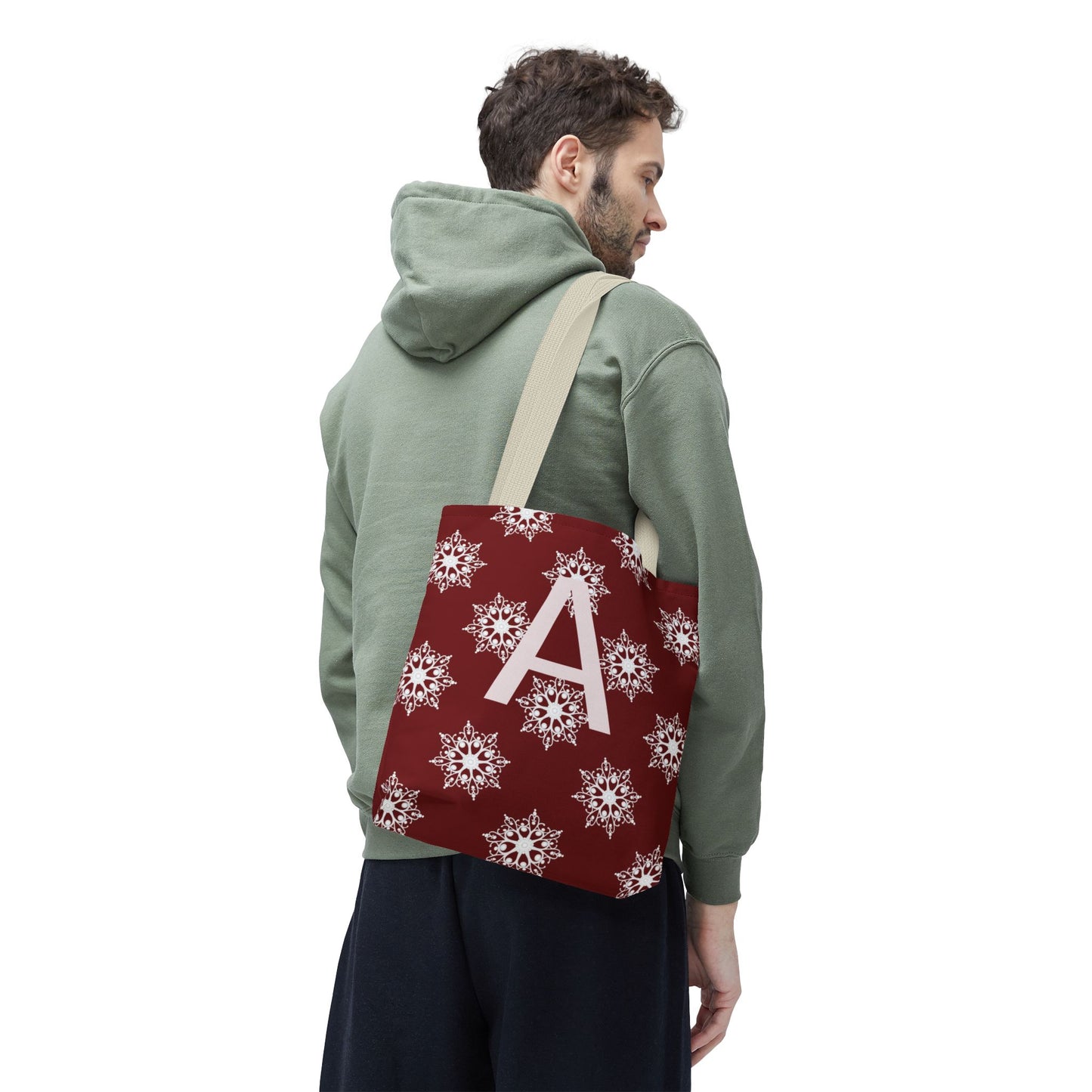 Monogram A Snowflake Tote Bag — Personalized Holiday AOP Tote