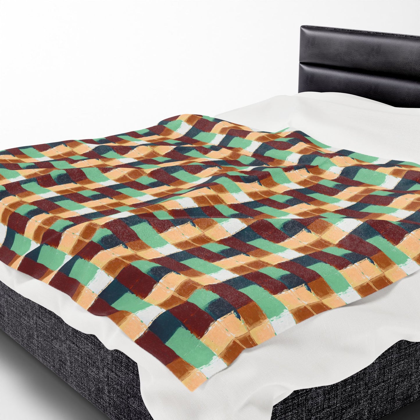 Geometric Retro Plaid Velveteen Plush Blanket — Cozy Mid-Century Throw