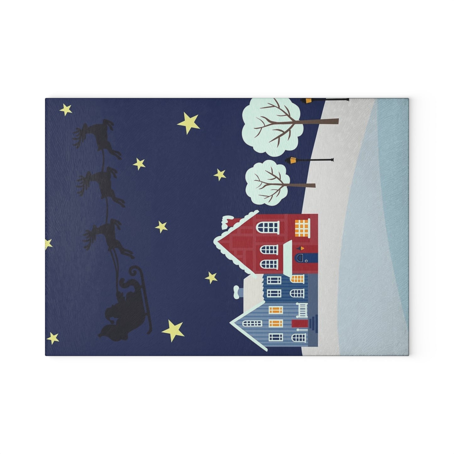 Santa Sleigh over Snowy Village Glass Cutting Board Christmas Kitchen Decor
