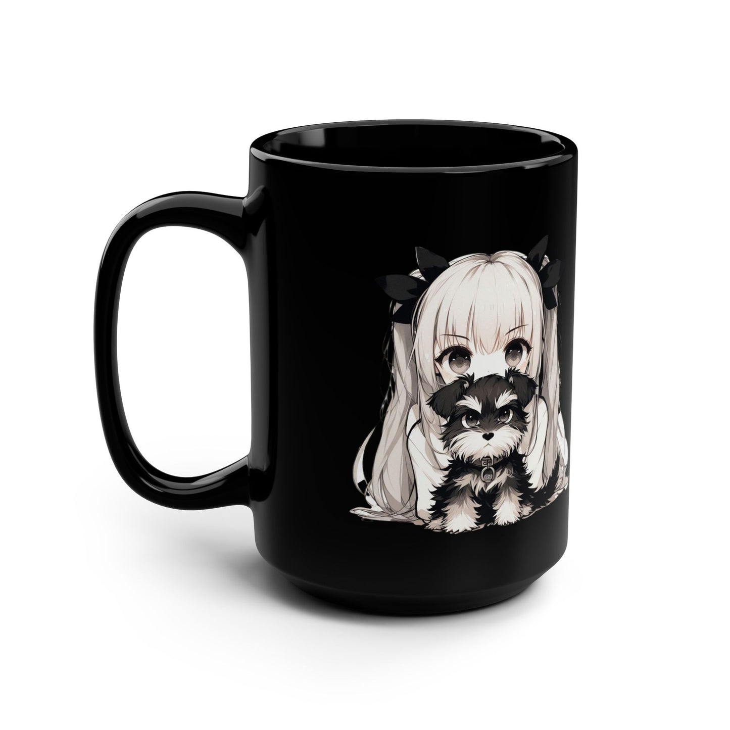 Cute Anime Girl with Raccoon 15oz Black Mug