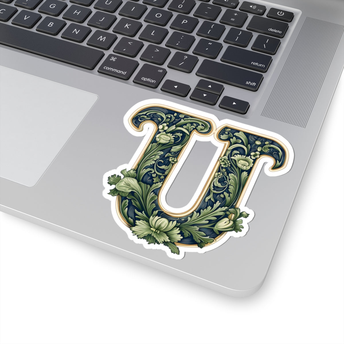 Floral Letter U Sticker — Vintage Botanical Monogram Kiss-Cut Decal