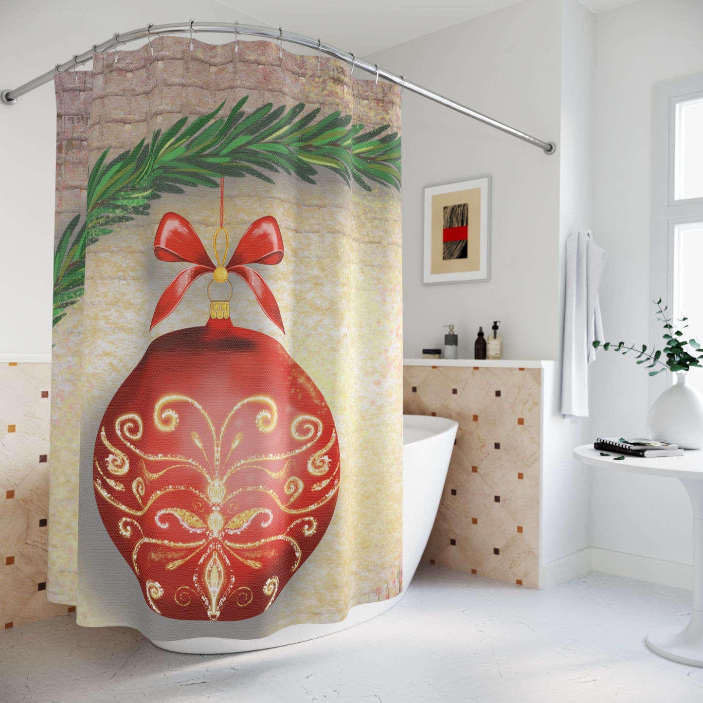 Festive Holiday Shower Curtain with Red Ornament and Pine Wreath, Christmas Bathroom Decor, Holiday Home Accessory, Gift Idea, [...]