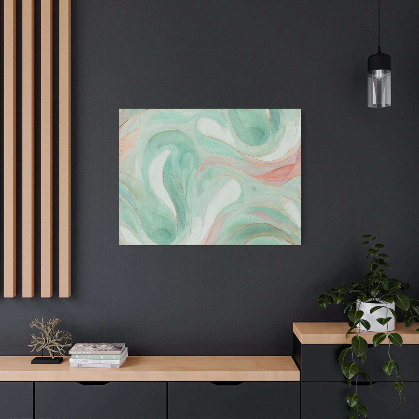 Abstract Green Marble Canvas Print — Teal & Coral Swirl Wall Art