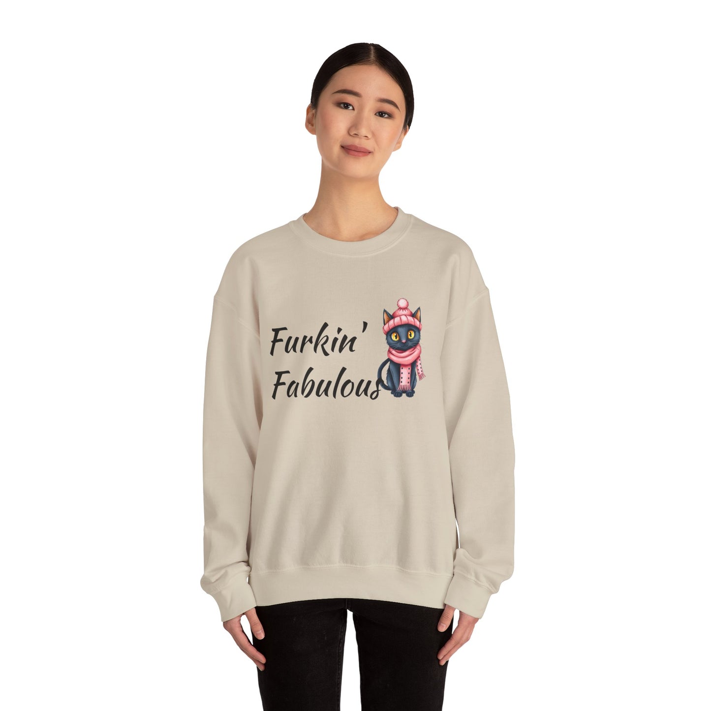 Crewneck Sweatshirt — "Furkin' Fabulous" Cute Black Cat in Pink Hat & Scarf