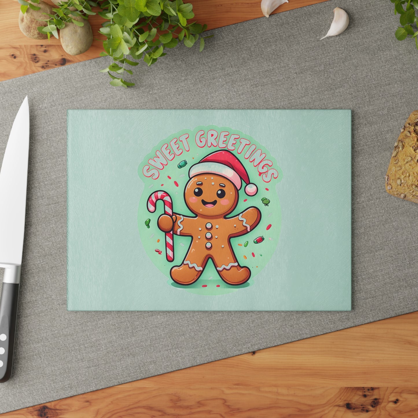 Glass Cutting Board – 'Sweet Greetings' Gingerbread Holiday Kitchen Board
