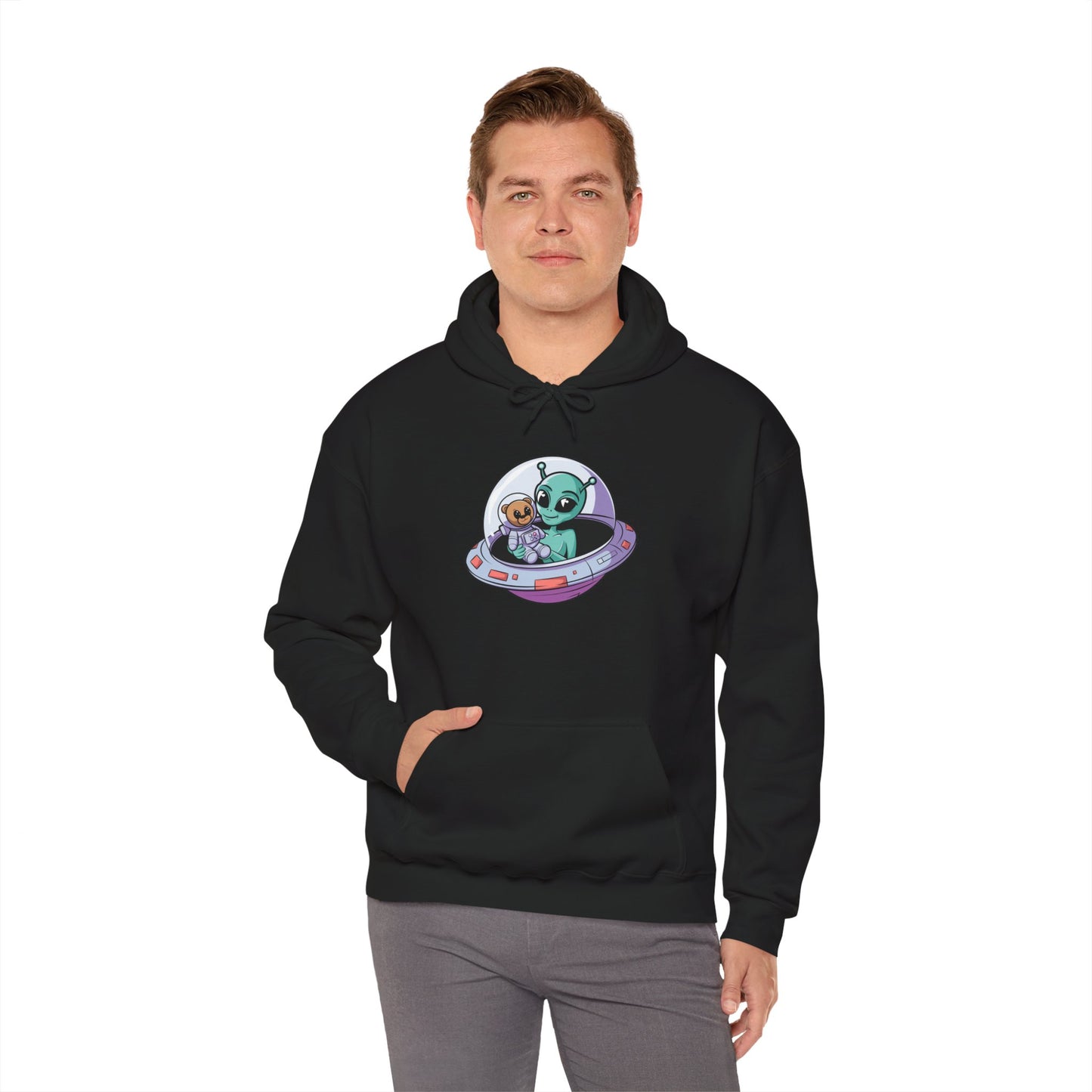 Cute Alien and Kid Hoodie, Unisex Heavy Blend Sweatshirt, UFO Lover Gift, Halloween Costume, Space-Themed Outfit, Birthday Present