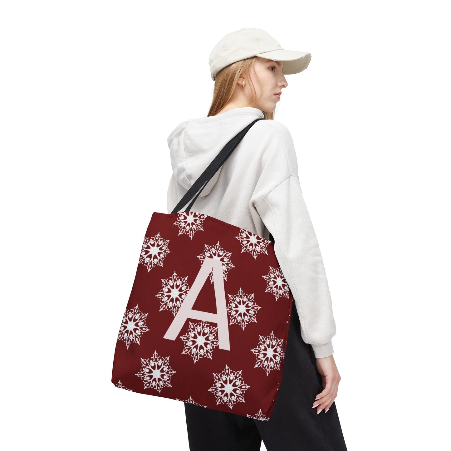 Monogram A Snowflake Tote Bag — Personalized Holiday AOP Tote