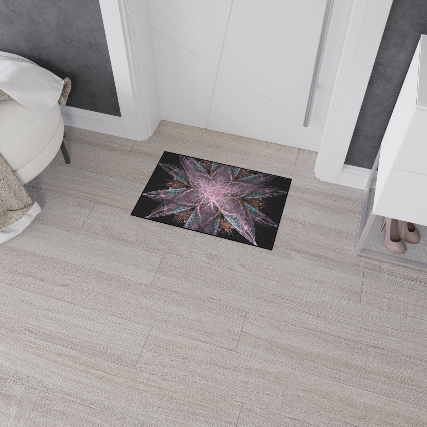 Mandala Star Heavy-Duty Floor Mat — Abstract Pink & Teal Fractal Entrance Rug