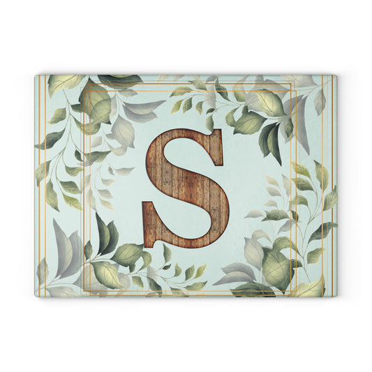 Monogram S Glass Cutting Board — Rustic Wood Initial with Greenery