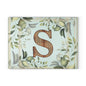 Monogram S Glass Cutting Board — Rustic Wood Initial with Greenery