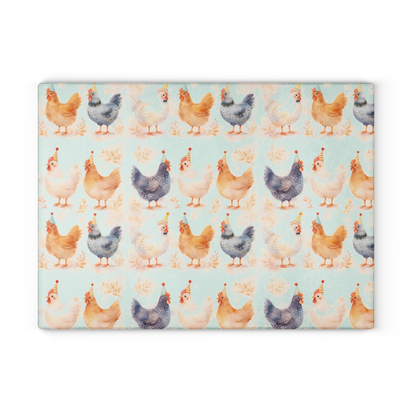 Chicken Pattern Glass Cutting Board — Watercolor Farmhouse Kitchen Decor