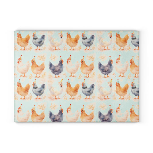 Chicken Pattern Glass Cutting Board — Watercolor Farmhouse Kitchen Decor
