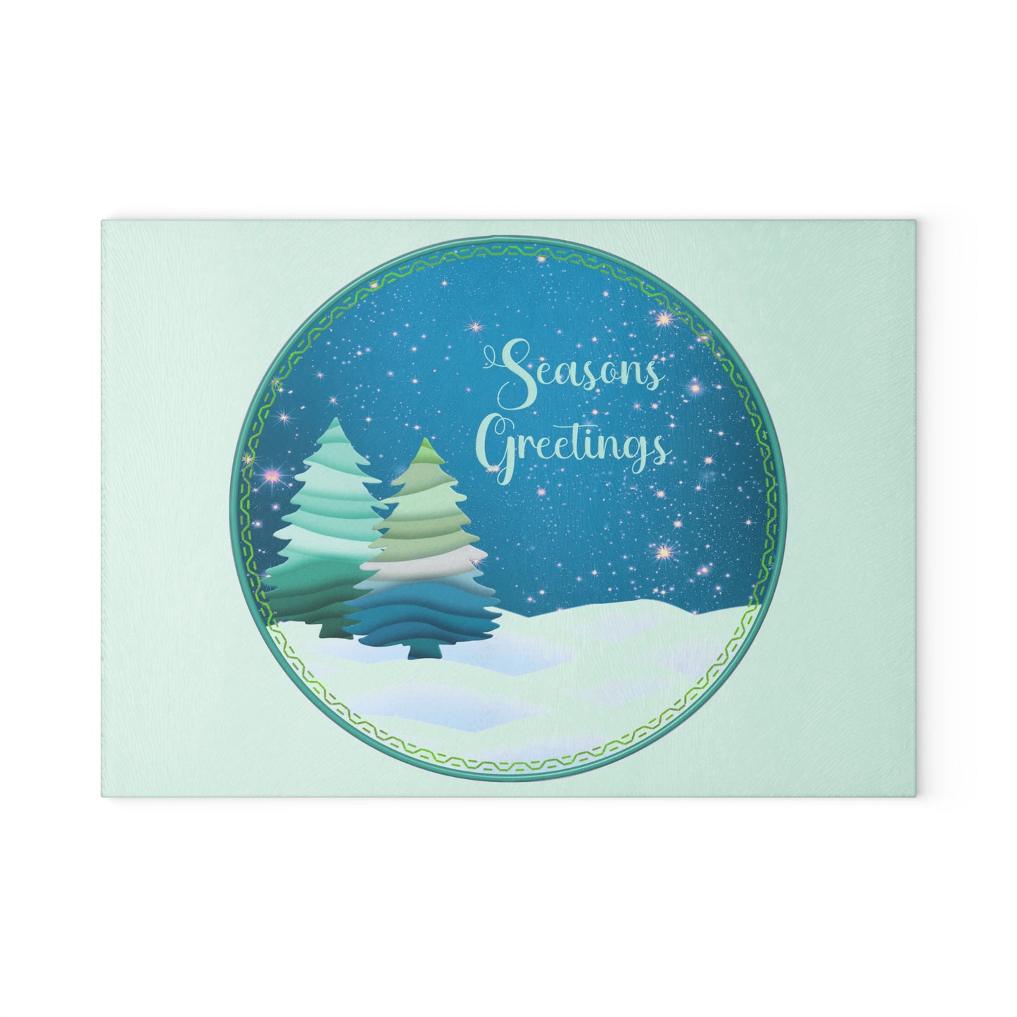 Seasons Greetings Glass Cutting Board – Festive Winter Trees Holiday Kitchen Decor