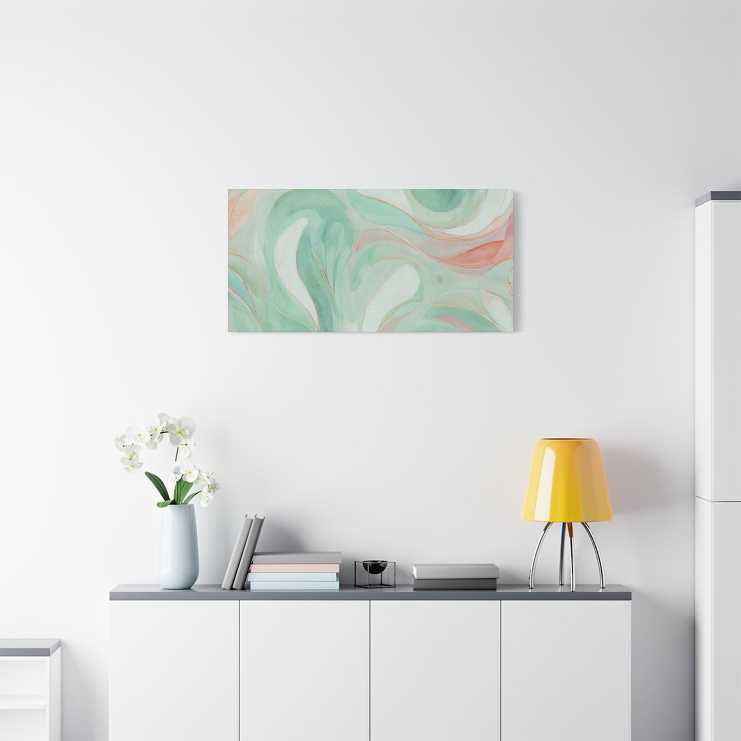 Abstract Green Marble Canvas Print — Teal & Coral Swirl Wall Art