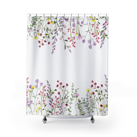 Floral Meadow Shower Curtain — Delicate Hanging Wildflowers, Watercolor Botanical Bathroom Decor