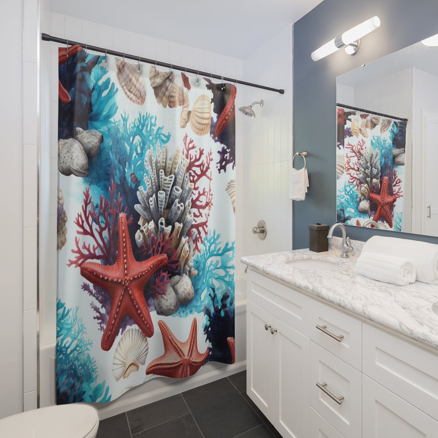 Coastal Seashell & Starfish Shower Curtain — Nautical Coral Bathroom Decor