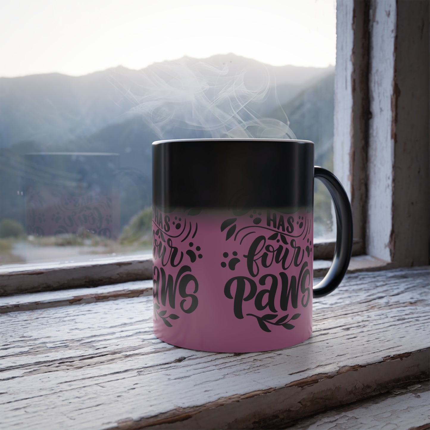 Color-Changing Mug — "Love Has Four Paws" Pink Pet Lover Coffee Cup (11 oz)