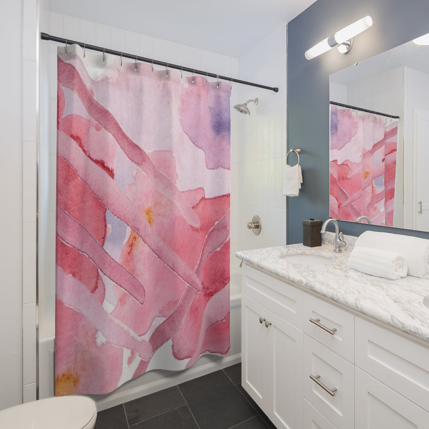 Pink Watercolor Abstract Shower Curtain — Soft Pastel Bathroom Decor