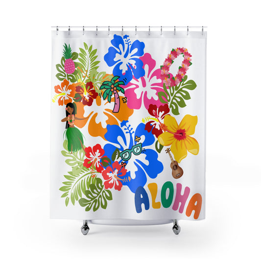 Tropical Aloha Shower Curtain, Beach Vibe Decor for Bathroom, Summer Home Accent, Hawaiian-Themed Gift, Colorful Floral
