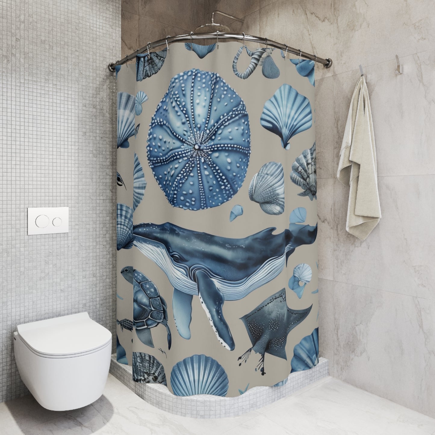 Coastal Blue Sea Life Shower Curtain — Whale, Seashell & Sea Urchin Ocean Bathroom Decor