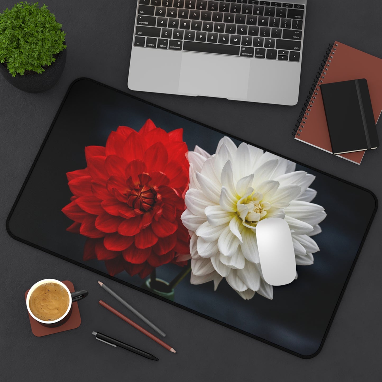 Dahlia Duo Desk Mat — Red & White Floral Mouse Pad