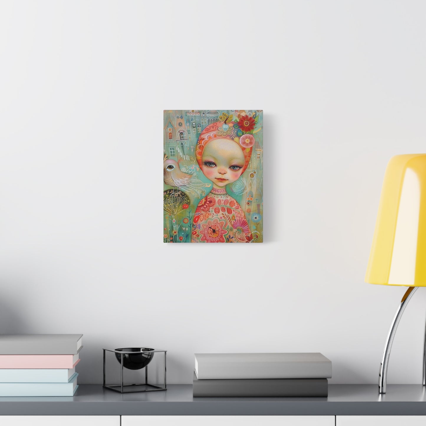 Whimsical Girl & Bird Matte Canvas Wall Art — Stretched Decorative Painting
