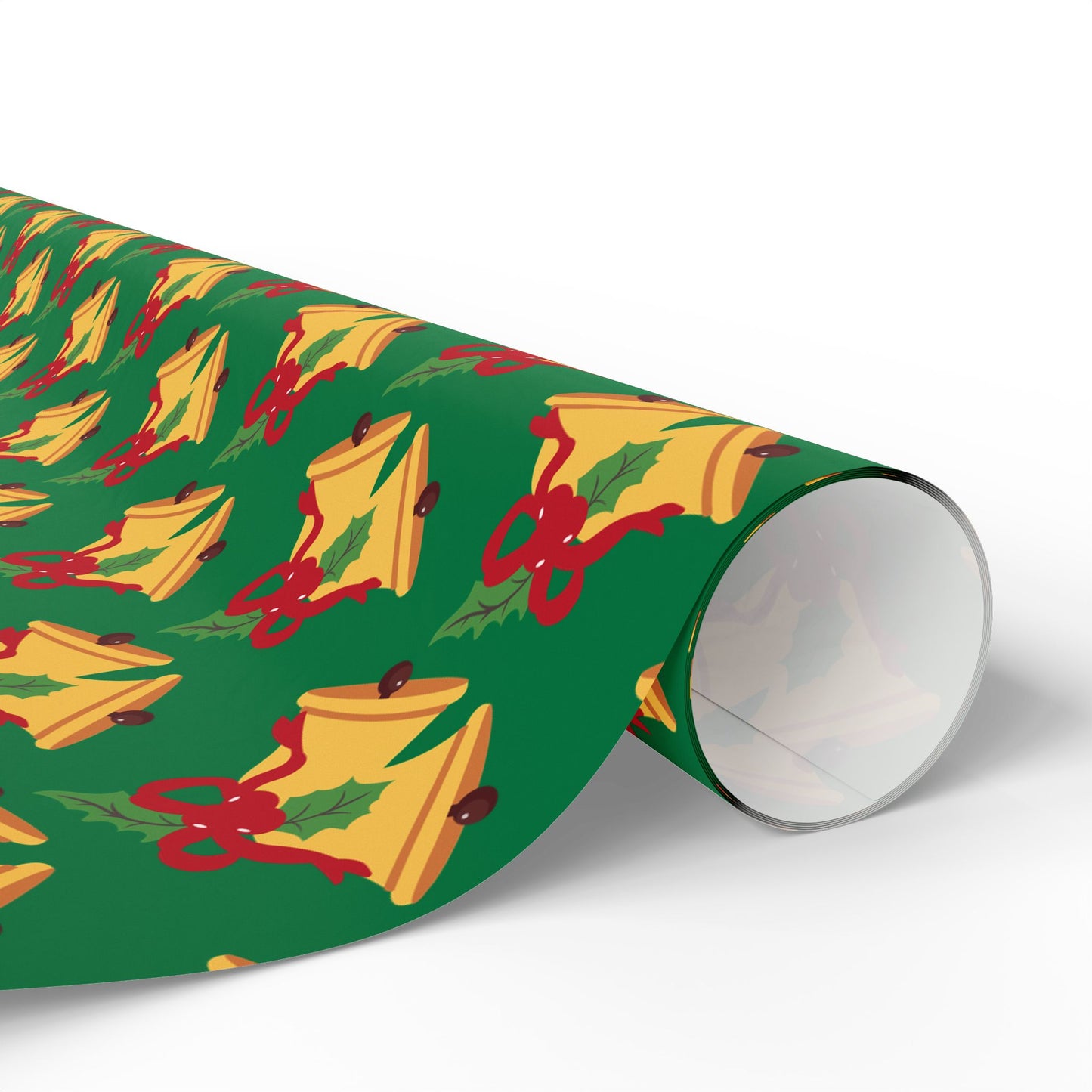 Christmas Bells Wrapping Paper Roll — Green Holly Holiday Gift Wrap